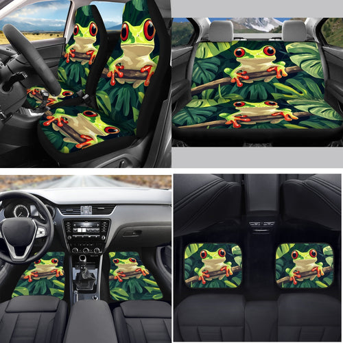 Yuyamidu Frog ar Seat Cover Full Set of 15 Palm Leaves Car Floor Mats Steering Wheel Cover Seat Belt Strap Pads Cup Coasters Gear Shift Knob Cover, Green