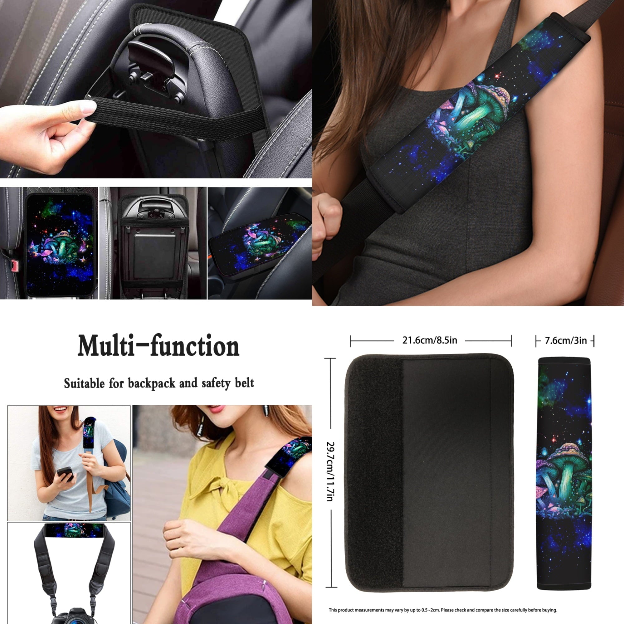 Jeiento Hippie Mushroom Car Seat Cover Full Set of 13 Steering Wheel Cover Seatbelt Pads Auto Armrest Cover Coasters Key Chain for Van SUV Sedan Truck