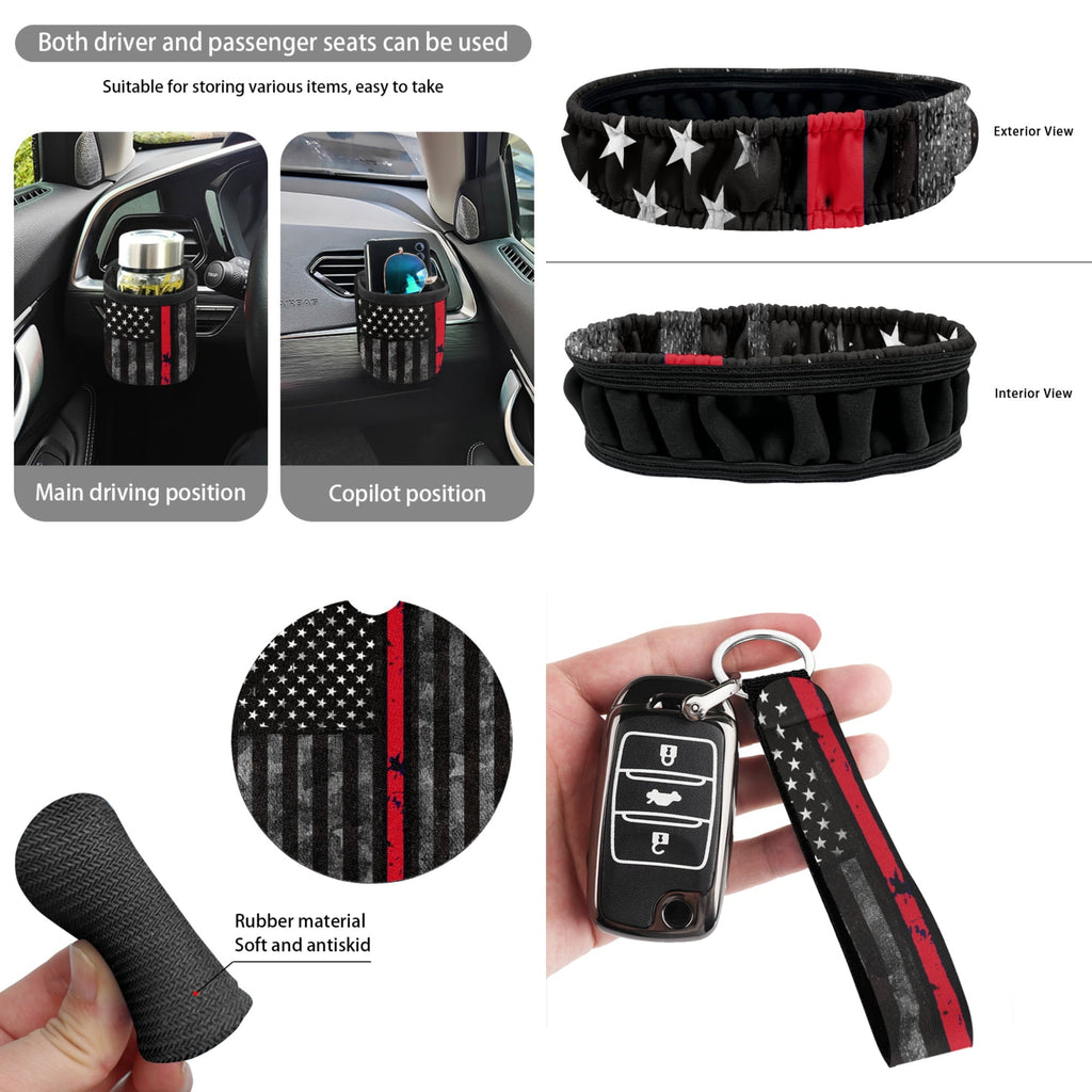 Jeiento American Honoring Firefighter Flags Car Seat Cover with Steering Wheel Seatbelt Pad Trash Bin Air Vent Storage Holder Rear View Mirror Cover Cup Holders Keychain for Car Decor