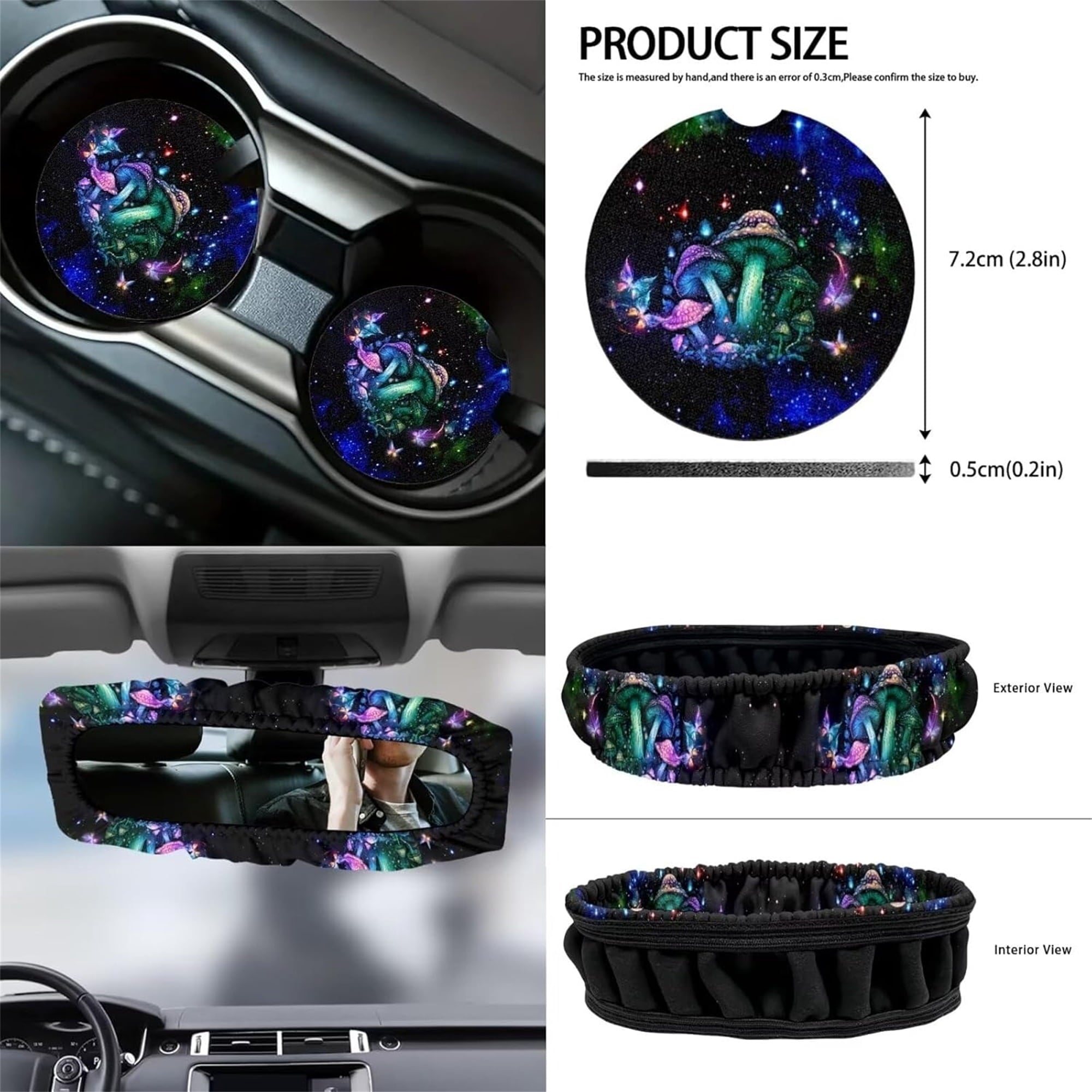 Jeiento Galaxy Mushroom 12 PCS Car Seat Covers for Front Seats with Steering Wheel Cover Seat Belt Covers Armrest Pad Trash Bin Sunglass Pocket Rear View Mirror Cover Coasters Keychain