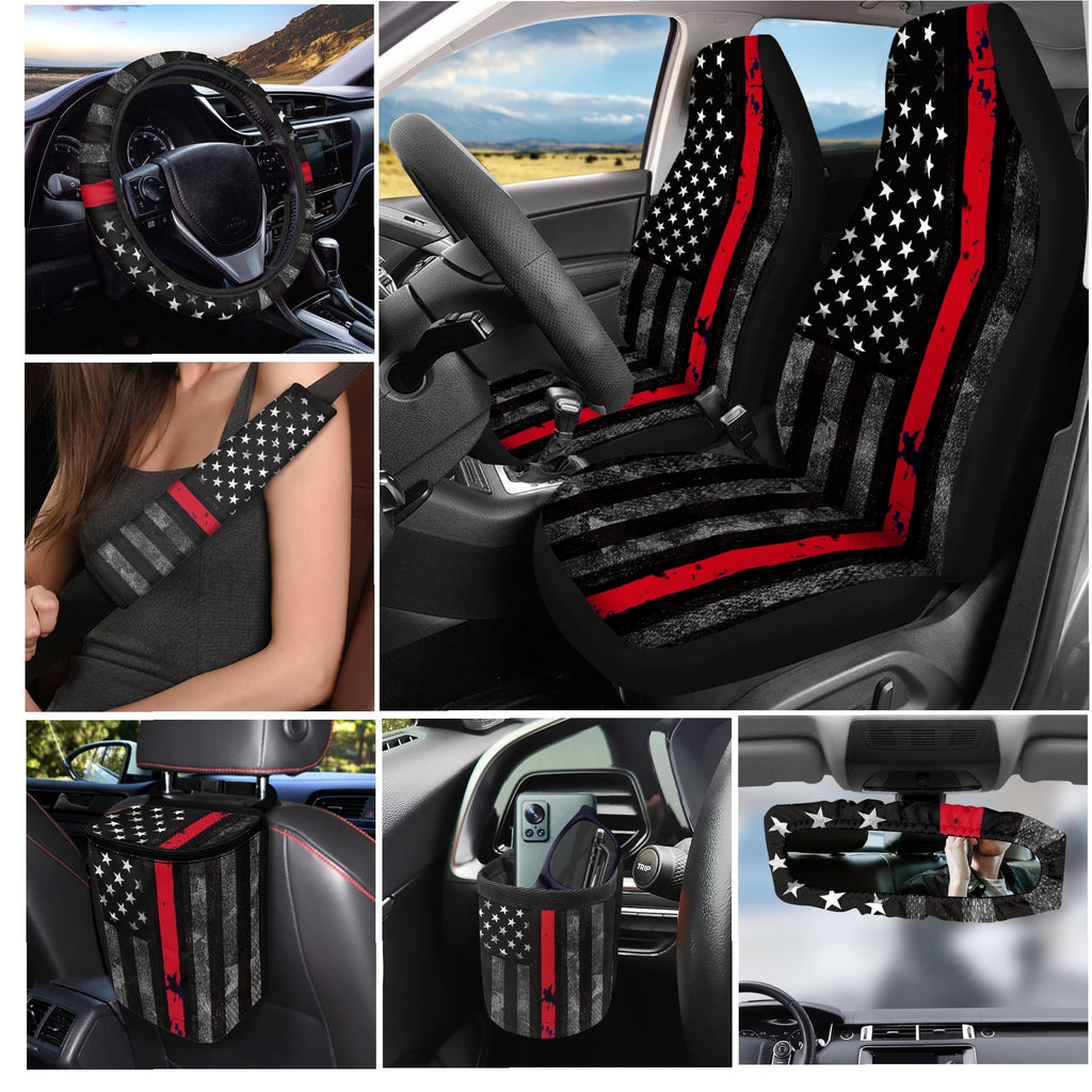 Jeiento American Honoring Firefighter Flags Car Seat Cover with Steering Wheel Seatbelt Pad Trash Bin Air Vent Storage Holder Rear View Mirror Cover Cup Holders Keychain for Car Decor