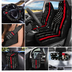Jeiento American Honoring Firefighter Flags Car Seat Cover with Steering Wheel Seatbelt Pad Trash Bin Air Vent Storage Holder Rear View Mirror Cover Cup Holders Keychain for Car Decor
