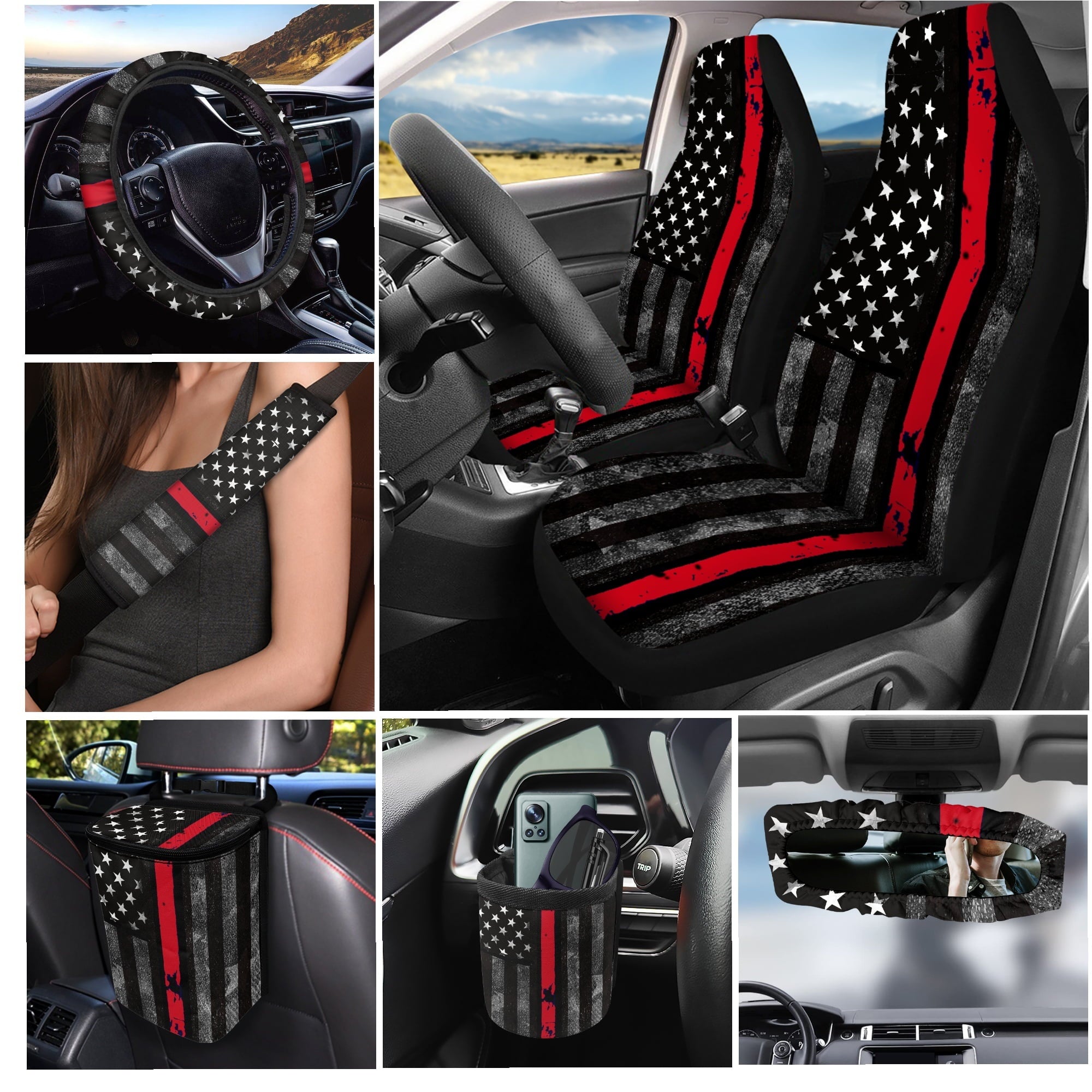 Jeiento American Honoring Firefighter Flags Car Seat Cover with Steering Wheel Seatbelt Pad Trash Bin Air Vent Storage Holder Rear View Mirror Cover Cup Holders Keychain for Car Decor