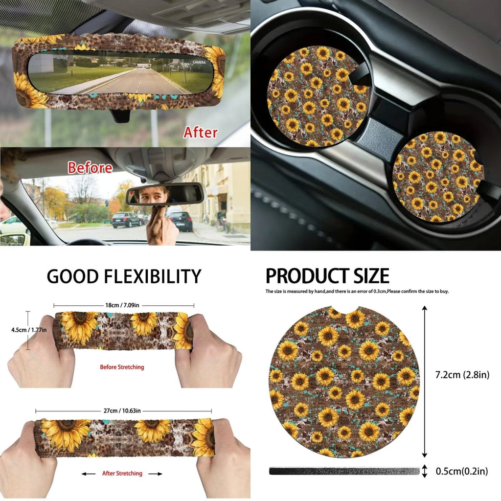 KUIFORTI Sunflower Car Seat Covers Full Set 15 Piece Car Seat Cover Steering Wheel Cover Seatbelt Covers Car Cup Coasters Car Trash Bag Air Vent Storage Bag Rear View Mirror Cover Keychain