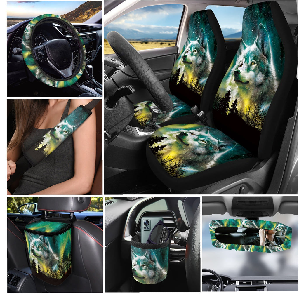 Yuyamidu Wolf Car Seat Covers Set of 15 Starry Sky Car Front Rear Seat Cover Steering Wheel Cover Seat Belt Covers Trash Box Air Vent Storage Bag Rear View Mirror Cover Car Cup Mat Key Chain
