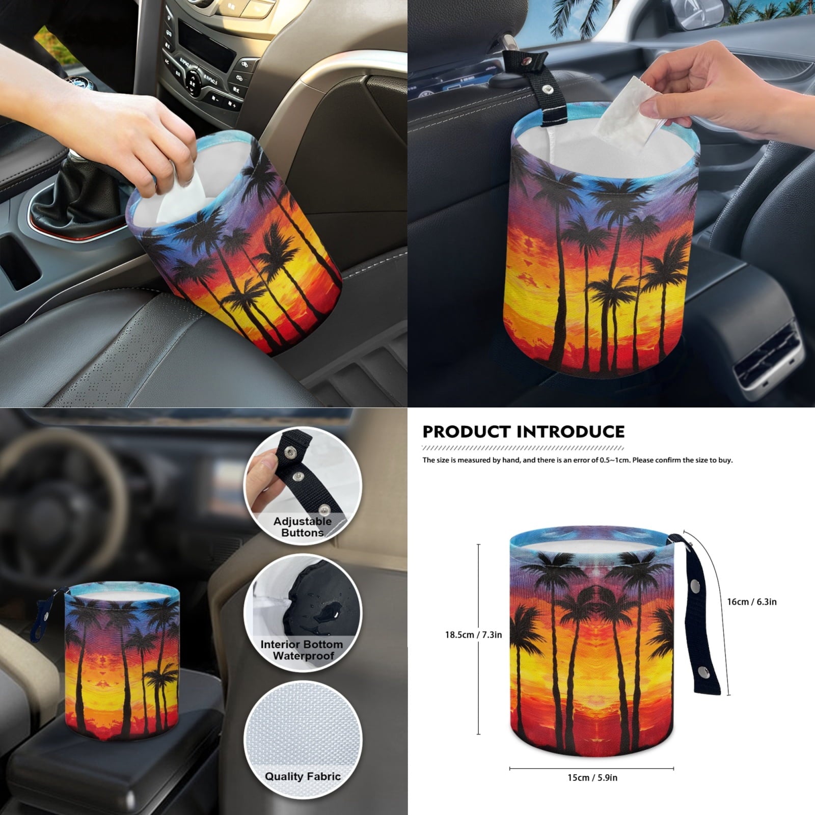 Jeiento Dusk Palm Leaves Car Seat Cover Full Set of 14 Car Seat Protector Auto Steering Wheel Cover Seatbelt Pads Armrest Cushion Trash Can Rearview Mirror Cover Handbrake Cover Set Coasters