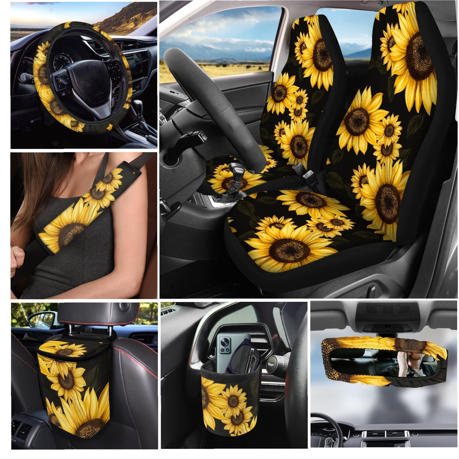 Jeiento Sunflower Car Seat Covers Set of 15 Steering Wheel Cover Seatbelt Cushion Pad Trash Bin Car Vent Organizer Pouch Rearview Mirror Cover Cup Holder Wristlet Keychain for SUV Van Sedan
