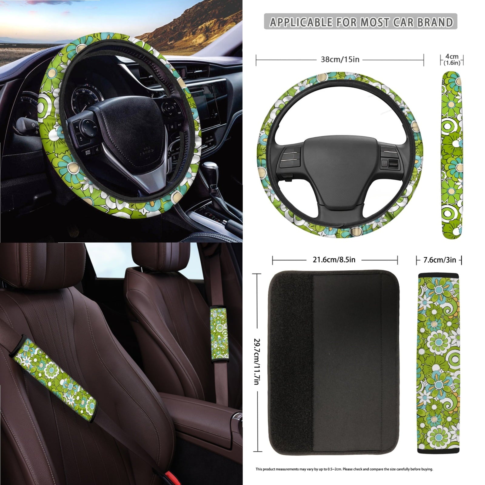 Renewold Hippie Flower Green Cyan Car Seat Cover Full Set 15 PCS, with Steering Wheel Cover Seat Belt Strap Pad Trash Bag Mount Phone Holder Rearview Mirror Accessories Cup Holder Keychain