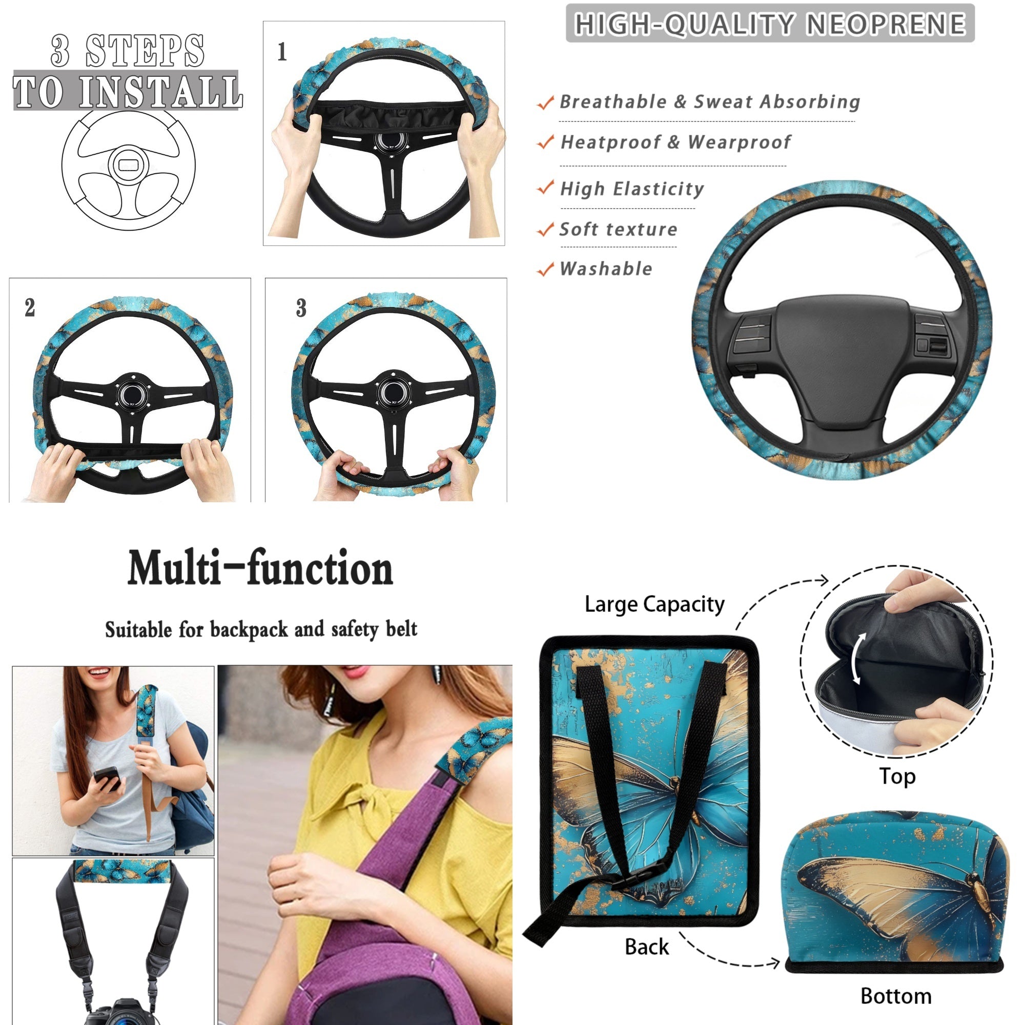 Yuyamidu Butterly Car Seat Cover Full Set of 15 Blue Steering Wheel Protector Auto Seatbelt Pads Cup Coaster Trash Bin Air Vent Storage Box Rear View Mirror Cover Coasters Keychain