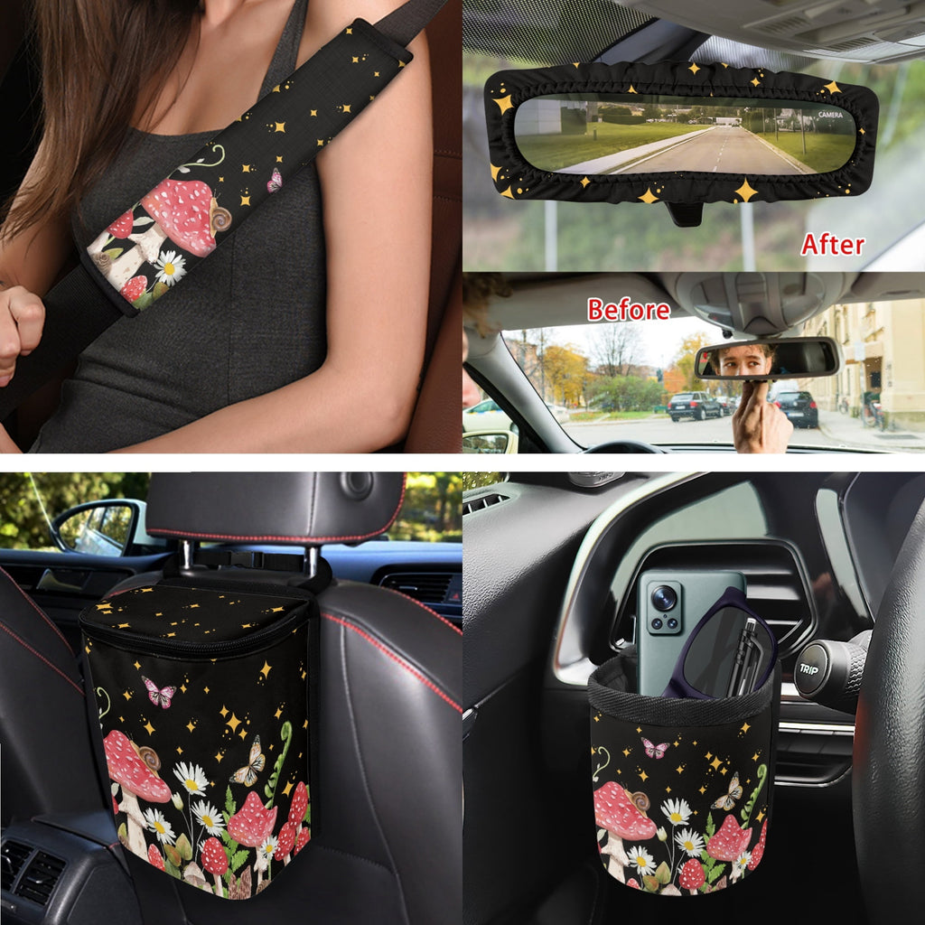Yuyamidu Mushroom Car Seat Cover Set of 15 Daisy Steering Wheel Cover Seat Belt Covers Trash Bag Air Vent Holder Rear View Mirror Cover Cup Coasters Key Chain Auto Interior Accessories