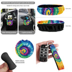 Yuyamidu Rainbow Tie Dye Car Seat Cover 15 Pack Front Back Seat Cover with Universal Steering Wheel Cover Seatbelt Strap Pad Trash Can Car Vent Organizer Cup Holders Rearview Mirror Cover Keychain