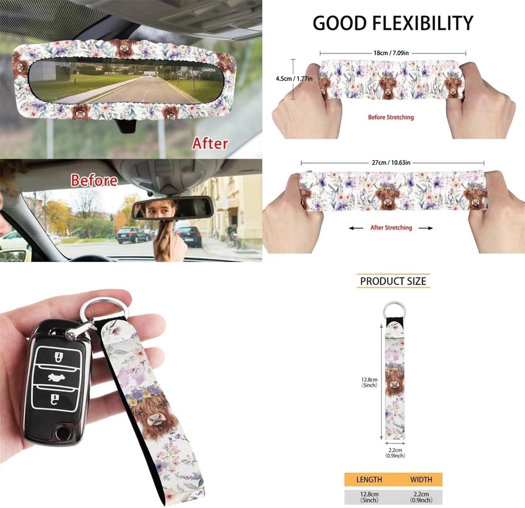 Yuyamidu 12 Pcs Highland Cow Car Front Seat Cover Set Purple Flower Steering Wheel Armrest Cover Seat Belt Pads Garbage Can Air Vent Pouch Rearview Mirror Cover Coasters Keychain Auto Accessories