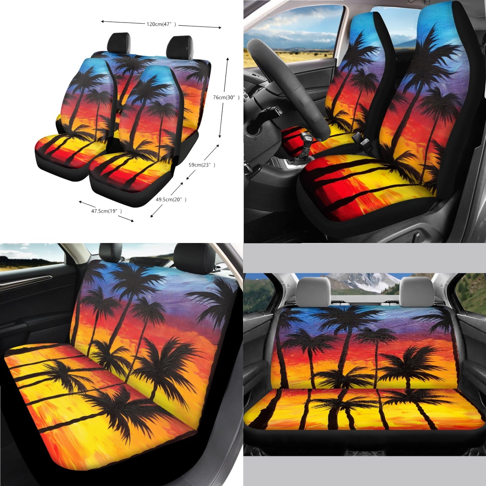 Jeiento Dusk Palm Leaves Car Seat Cover Full Set of 14 Car Seat Protector Auto Steering Wheel Cover Seatbelt Pads Armrest Cushion Trash Can Rearview Mirror Cover Handbrake Cover Set Coasters
