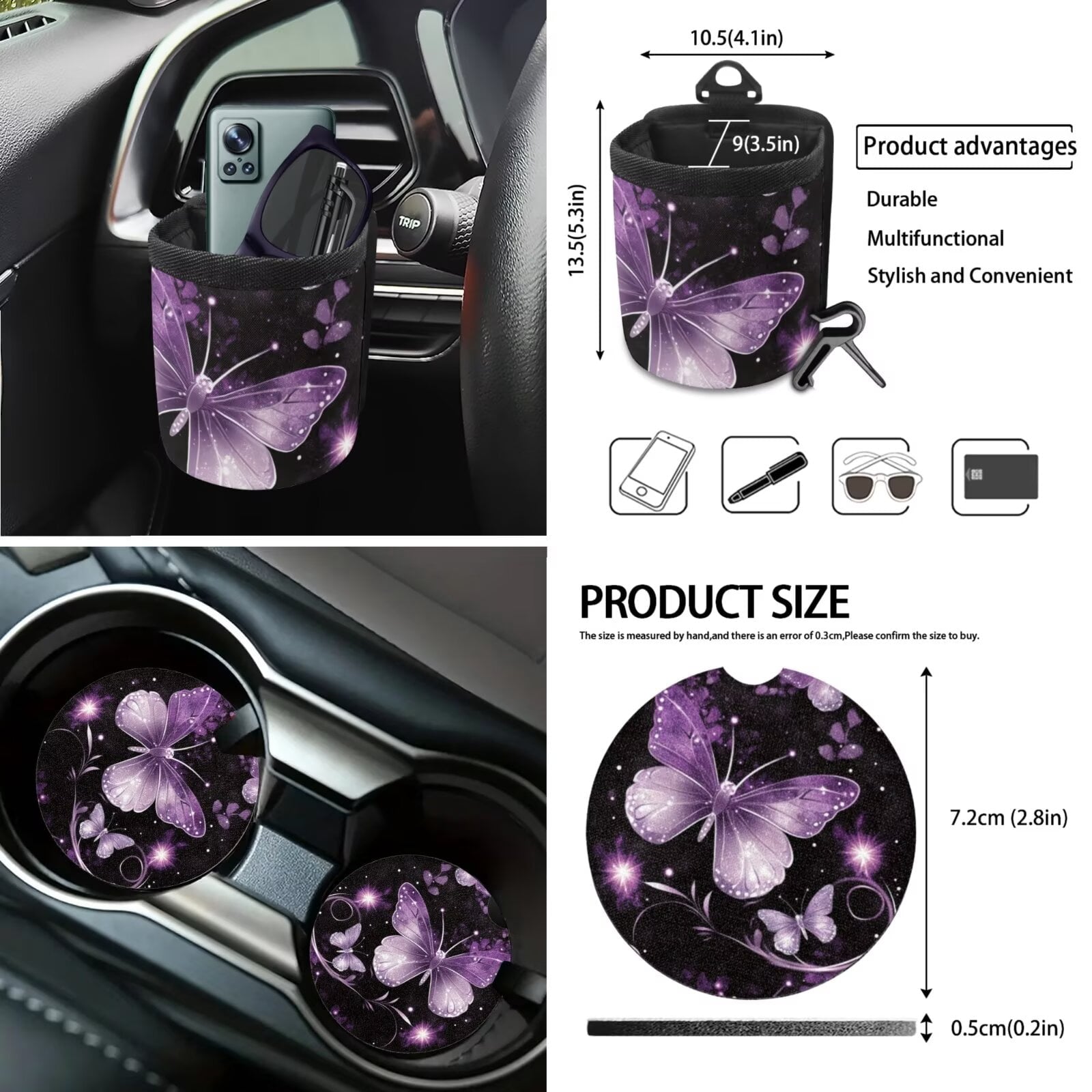 KUIFORTI 12 Pcs Butterfly Car Seat Covers and Accessories for Women, Steering Wheel Cover,Seat Belt Shoulder Pad Mirror Cover Coasters Car Auto Air Vent Keychain Chapstick Holder Car Trash Can