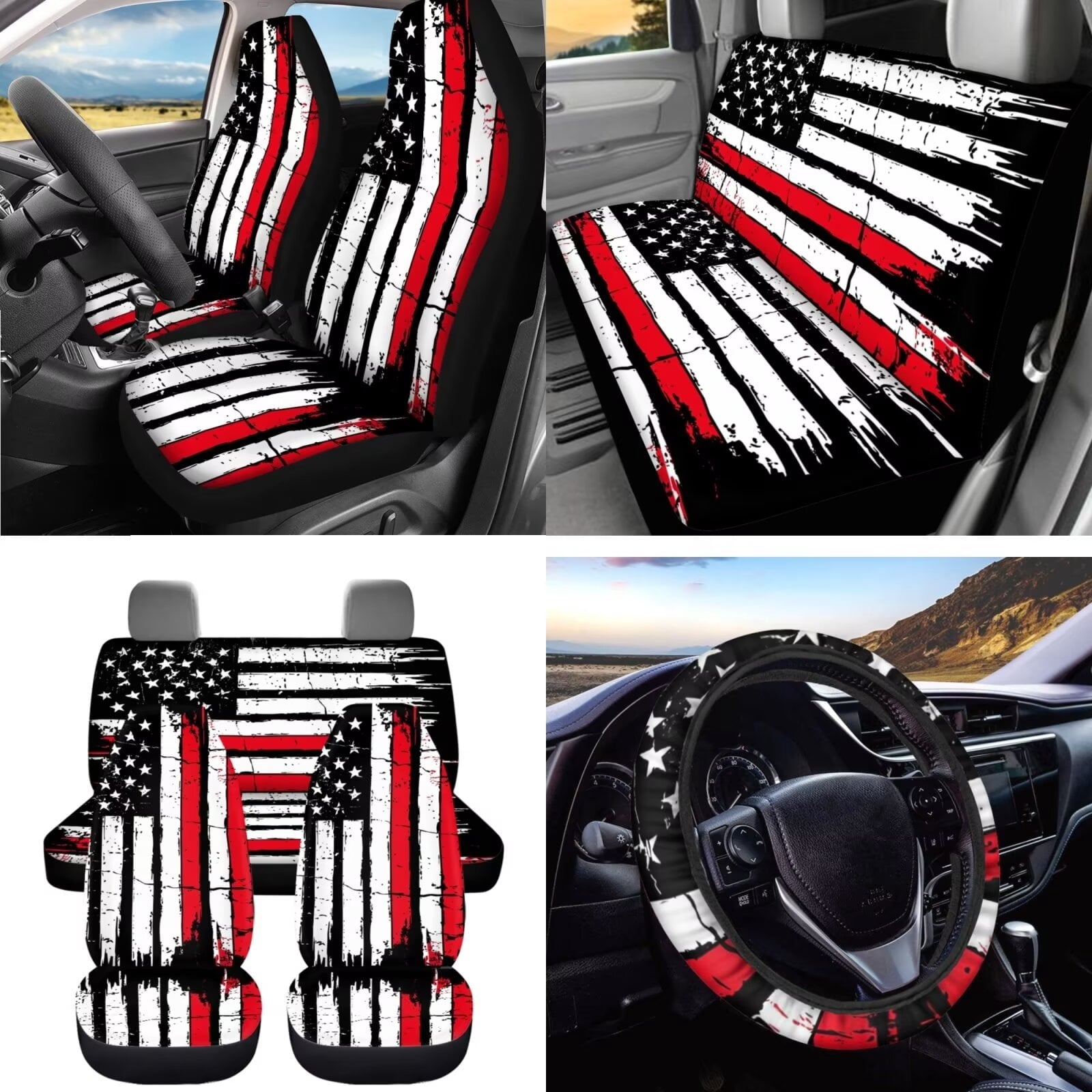 KUIFORTI American Flag Car Seat Covers,Breathable Automotive Seat Covers for Cars SUV Pick-up Truck Sedan,Universal Fit Anti-Slip Steering Wheel and Seat Belt Cover Set