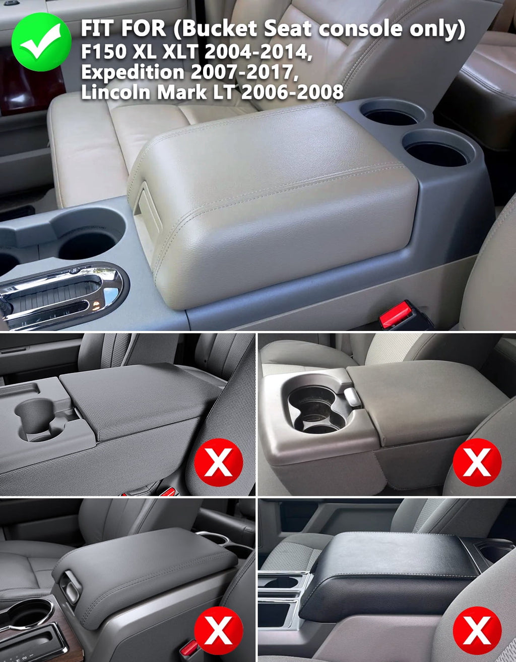 KBH Center Console Armrest Cover for Ford F150 2004-2014/Expedition 2007-2014, Leather Middle Console Lid Protector for Lincoln Mark LT 2006-2008, Black