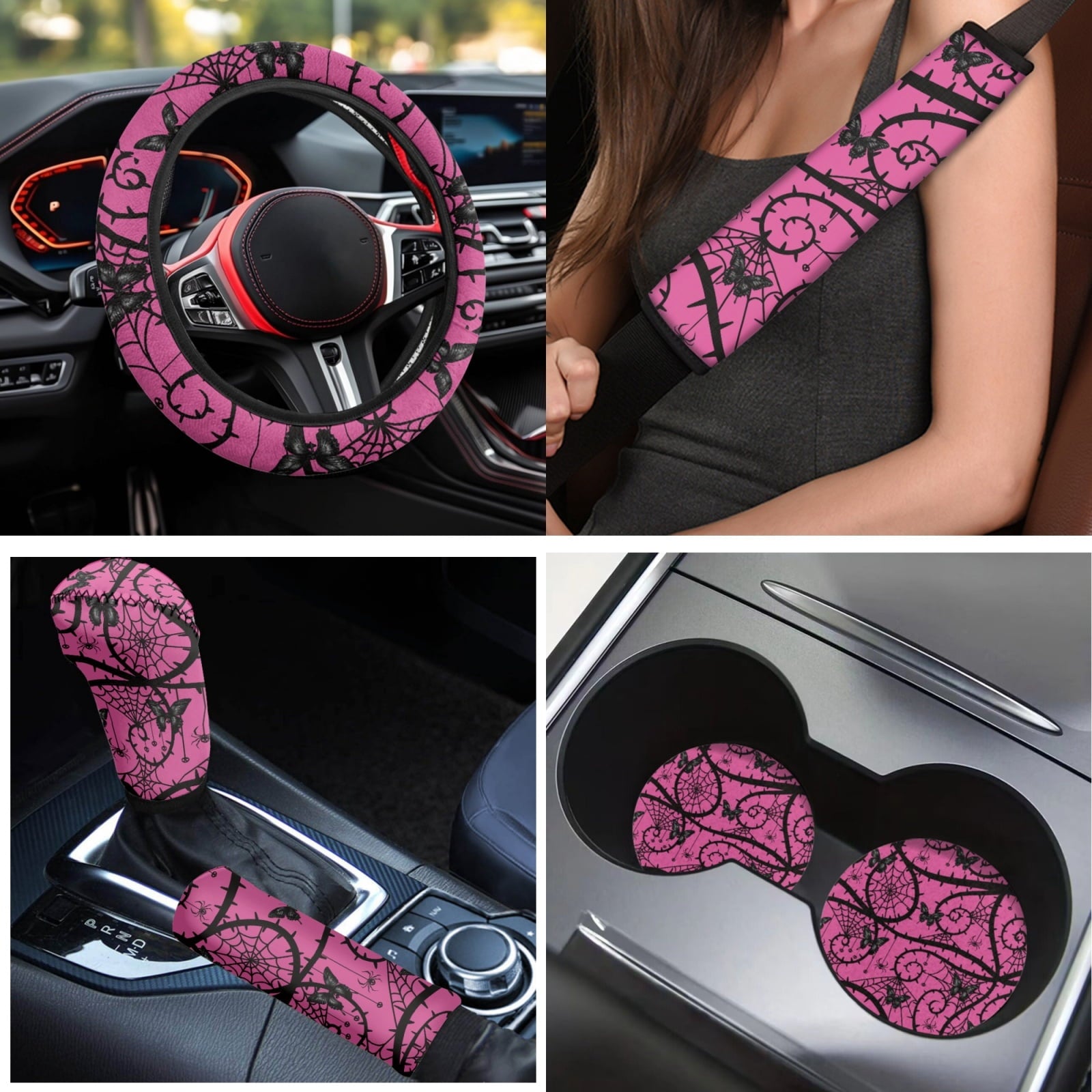 Yuyamidu Pink Gothic Car Accessories Sets Butterfly Car Seat Covers Car Floor Mats Steering Wheel Cover Seatbelt Shoulder Pad Handbrake Cover Gear Shift Knob Cover Coasters 15 PCS
