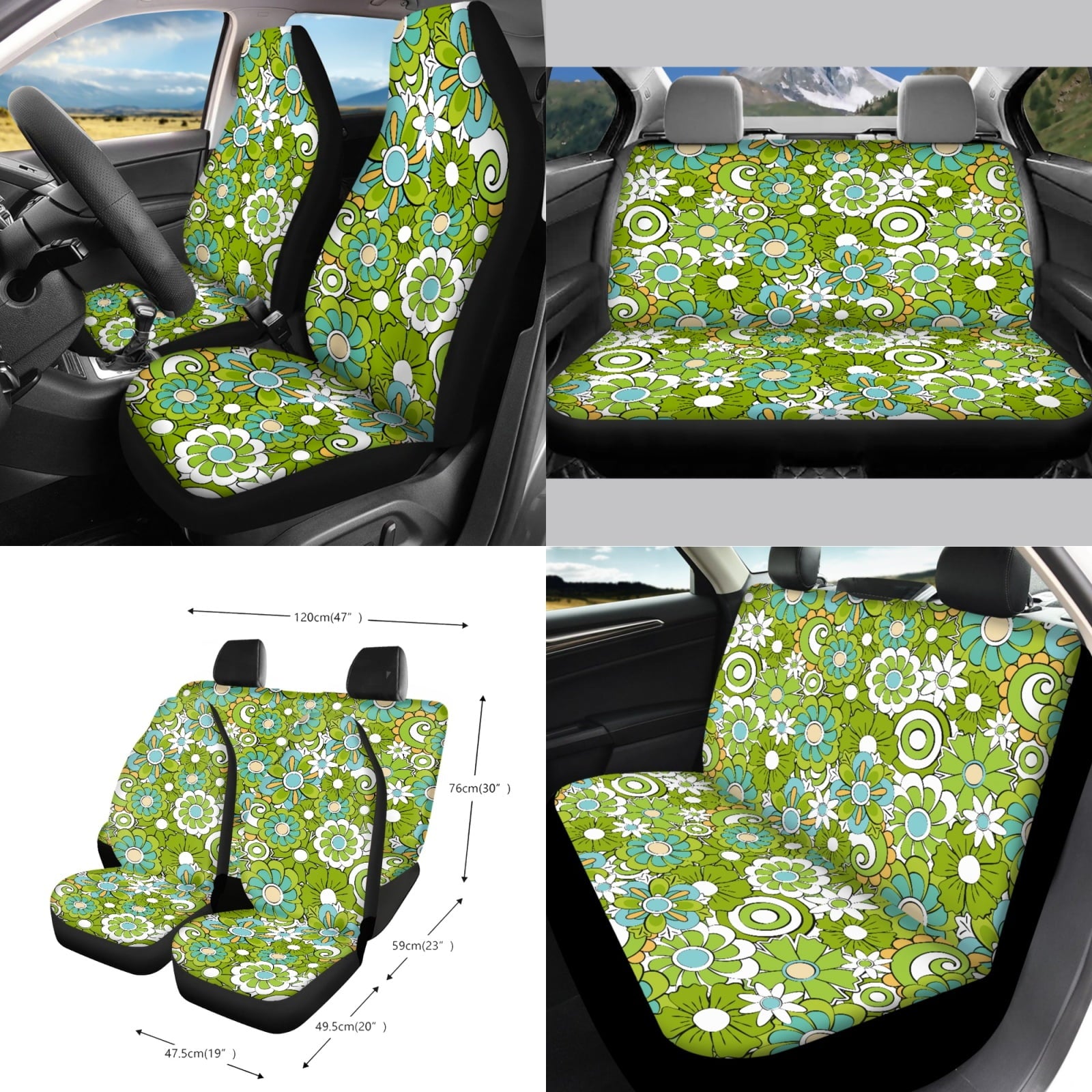 Renewold Hippie Flower Green Cyan Car Seat Cover Full Set 15 PCS, with Steering Wheel Cover Seat Belt Strap Pad Trash Bag Mount Phone Holder Rearview Mirror Accessories Cup Holder Keychain
