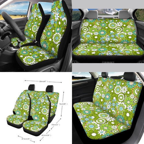 Renewold Hippie Flower Green Cyan Car Seat Cover Full Set 15 PCS, with Steering Wheel Cover Seat Belt Strap Pad Trash Bag Mount Phone Holder Rearview Mirror Accessories Cup Holder Keychain