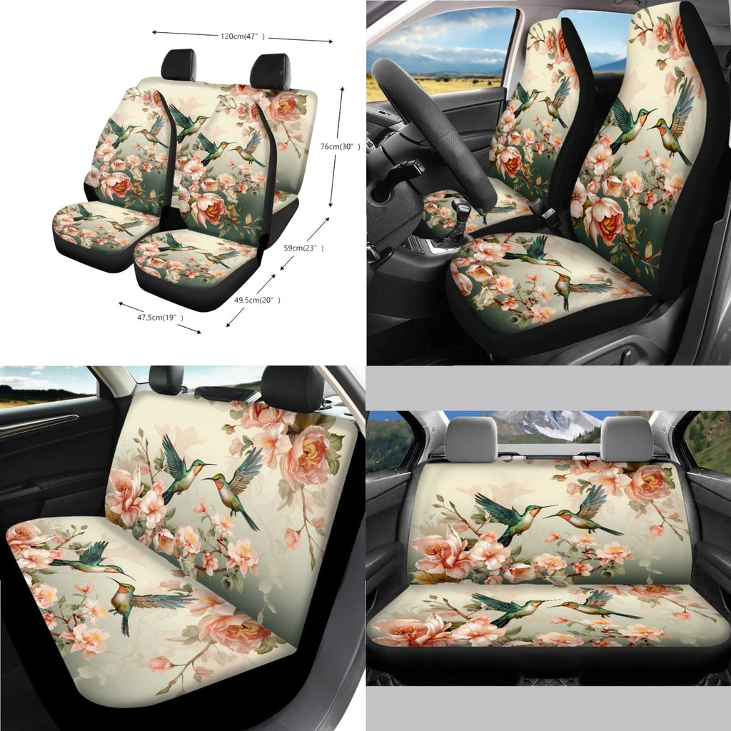 Jeiento Hummingbird 14 PCS Car Seat Cover Full Set Steering Wheel Cover Seat Belt Cover Trash Can Rear View Mirror Cover Flowers Coaster Center Console Cover Gear Shift Knob Cover Set Universal Fit