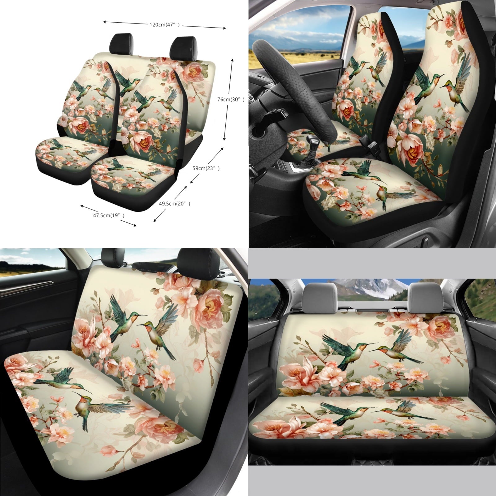Jeiento Hummingbird 14 PCS Car Seat Cover Full Set Steering Wheel Cover Seat Belt Cover Trash Can Rear View Mirror Cover Flowers Coaster Center Console Cover Gear Shift Knob Cover Set Universal Fit