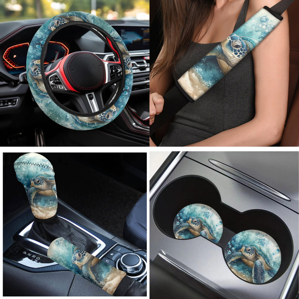 Yuyamidu Sea Turtle Car Seat Covers Full Set with Carpet Mats Blue Steering Wheel Cover Safe Belt Pads Handbrake Cover Set Coasters Fit for SUV Van, 15 Pack
