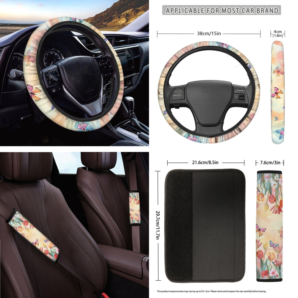 Yuyamidu 16 PCS Car Seat Cover Set with Steering Wheel Cover Tulip Seat Belt Strap Pad Butterfly Cup Holder Rear View Mirror Cover Keychain Gear Shift Knob Cover Car Shade for Front Windshield