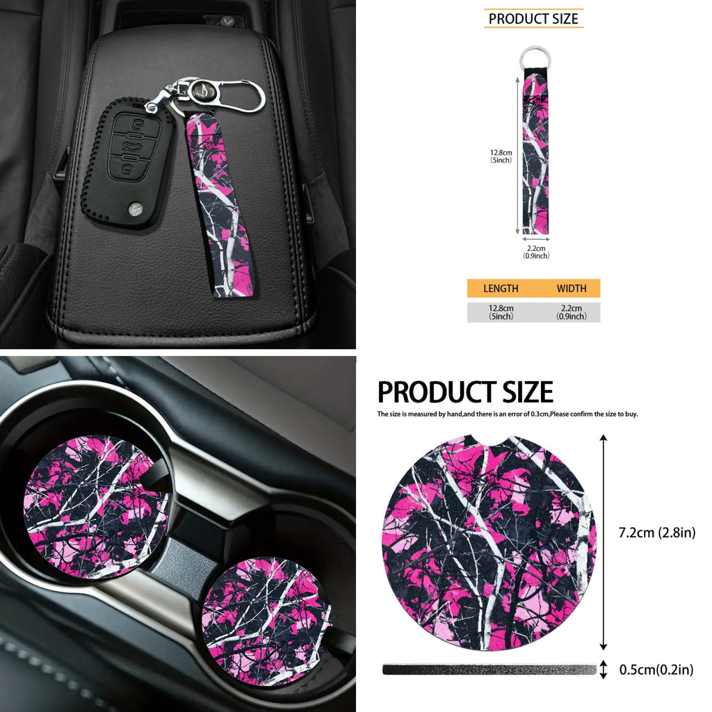 Jeiento Camo Hunting Front Car Seat Cover Full Set 12 PCS with Steering Wheel Cover Seatbelt Pad Armrest Pad Coasters Garbage Bins Rear View Mirror Cover Keychain Air Vent Storage Pouch Pink