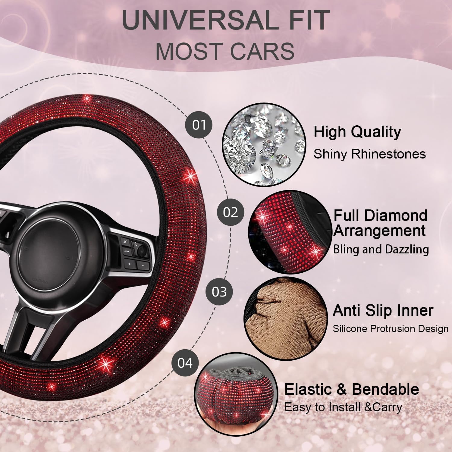 DEA 12 Pcs Bling Car Accessories Set for Women Car Floor Mats Full Set Steering Wheel Cover Seat Belt Covers Coasters Universal Fit Car SUV Truck Van Silver