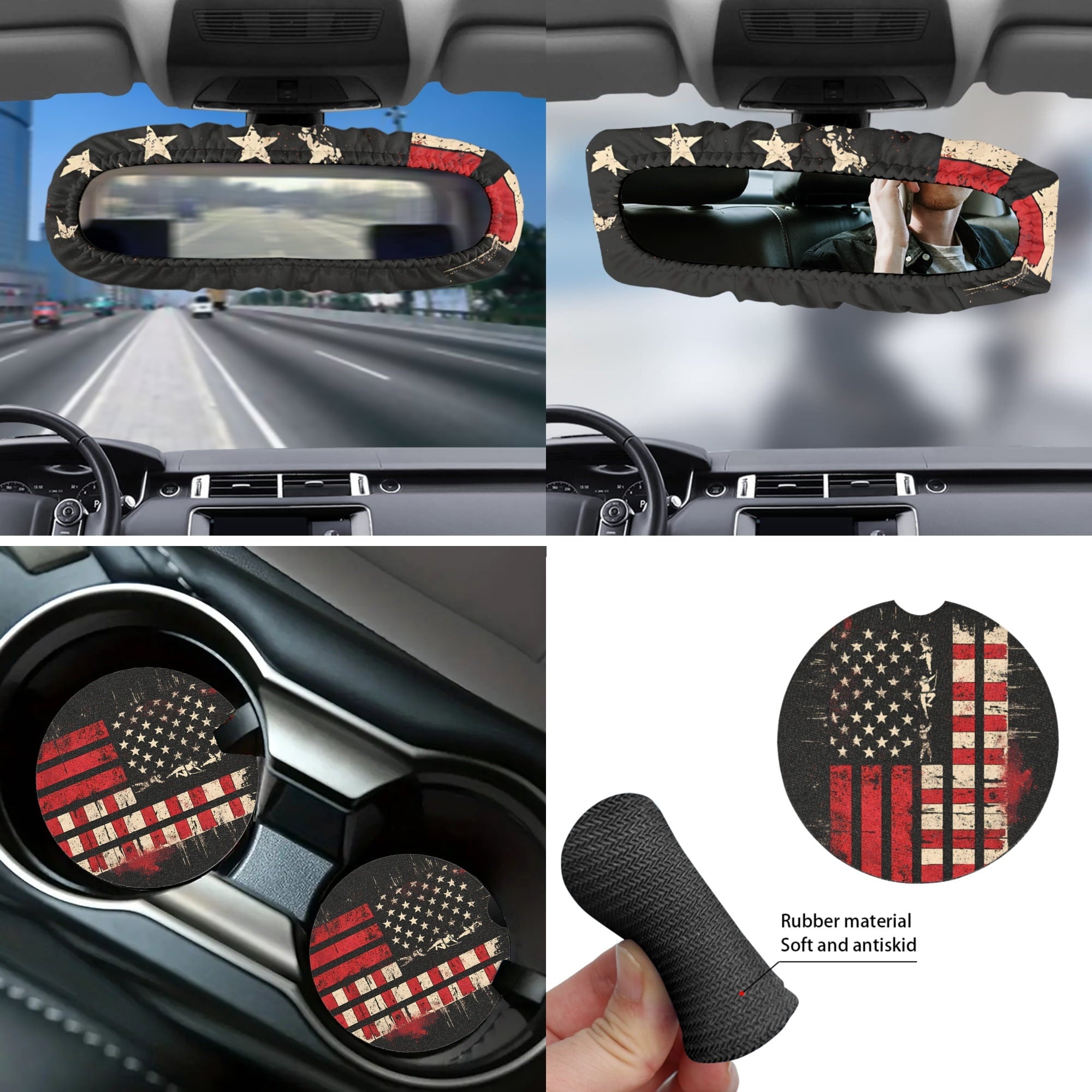 Jeiento American Honoring Firefighter Flags Car Front Back Seat Covers 14 PCS Set with Steering Wheel Cover Seatbelt Pad Trash Can Armrest Cover Rearview Mirror Cover Handbrake Cover Set Coasters