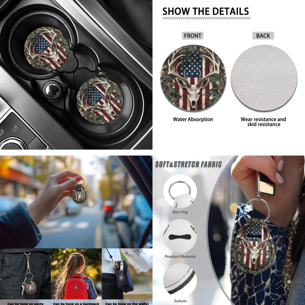 Jeiento Deer 13pcs Set Car Seat Cover Set with American Flag Steering Wheel Cover Seat Belt Strap Cover Armrest Cover Key Chain Coasters Lipstick Holder Universal Fits SUV Sedan Truck Van