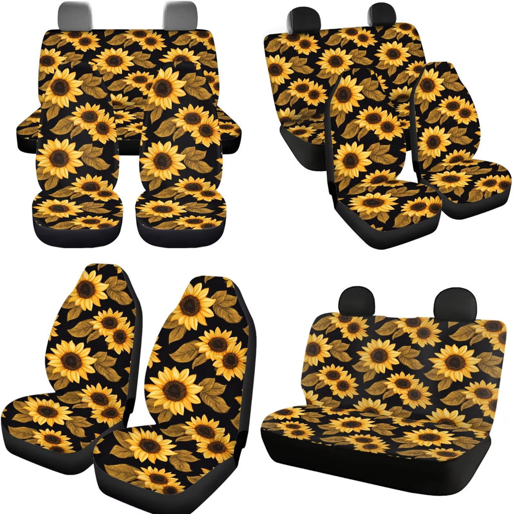 Jeiento Sunflower Car Seat Covers Full Set 11 PCS, Front Back Car Seat Covers Keychain Headrest Cover Coasters Handbrake Cover Gear Shift Knob Cover Auto Accessories for Women Men