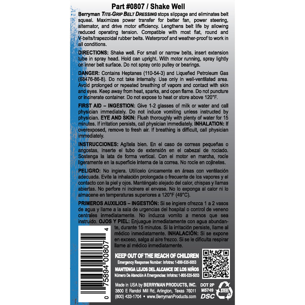 (6 pack) Berryman Products 0807 Tite-Grip Belt Dressing, 7 oz Aerosol