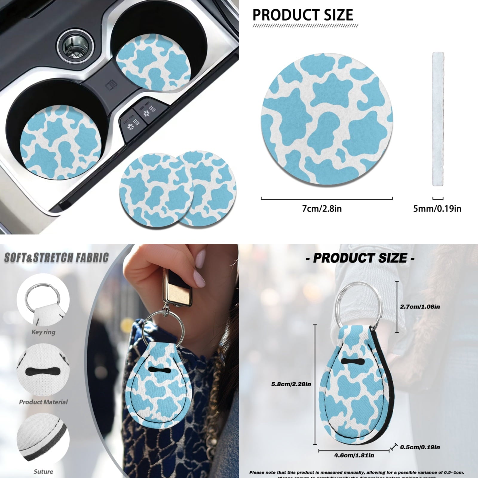 Yuyamidu 12 PCS Blue Cow Print Car Seat Covers Set Cute Steering Wheel Cover Seat Belt Pads Cup Coasters Chapstick Holder Key Chain Keychain Wristlet