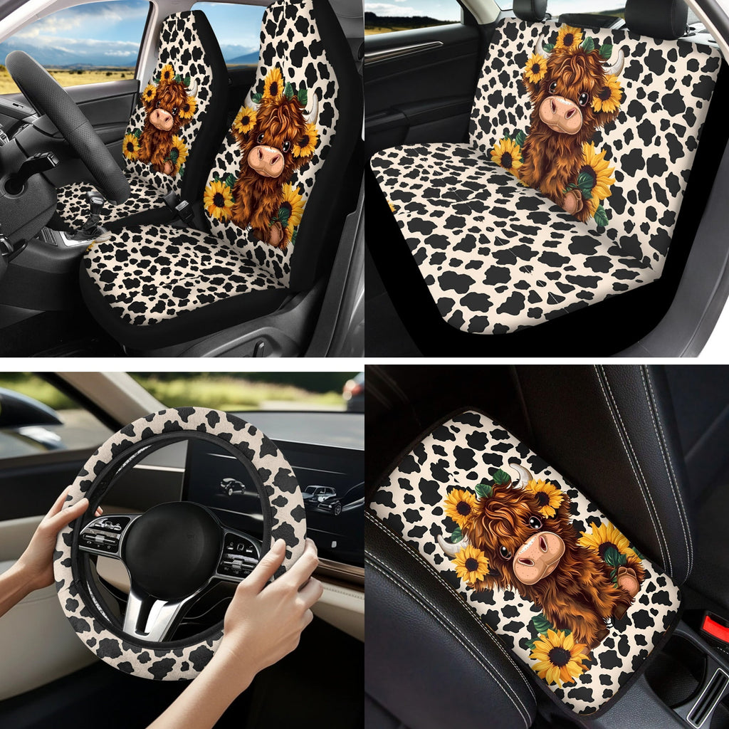 Jeiento Highland Cow Car Accessories 13pcs Car Seat Covers and Steering Wheel Cover Sunflower Seat Belt Pad Cover Auto Armrest Cover Cushion Keychain Cup Holders