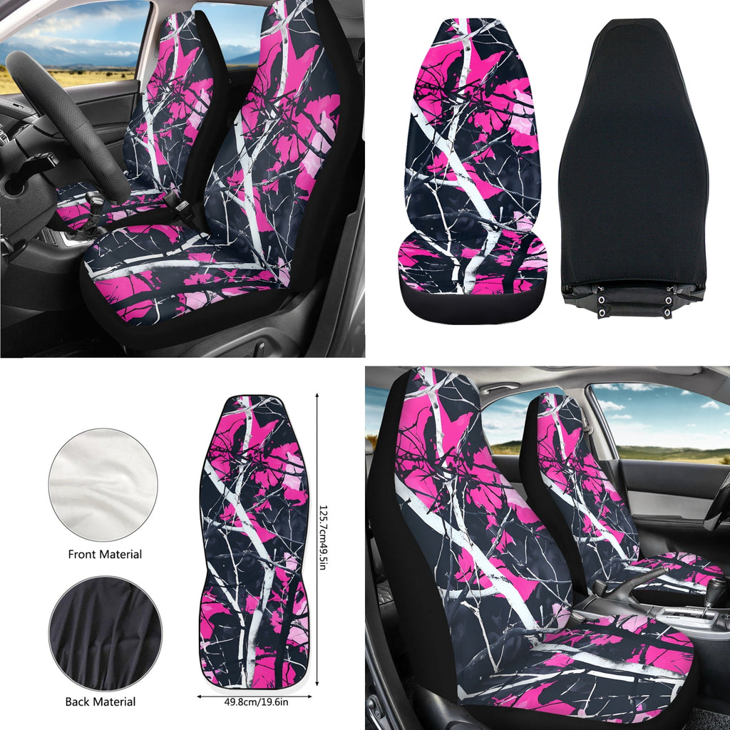 Jeiento Camo Hunting Front Car Seat Cover Full Set 12 PCS with Steering Wheel Cover Seatbelt Pad Armrest Pad Coasters Garbage Bins Rear View Mirror Cover Keychain Air Vent Storage Pouch Pink