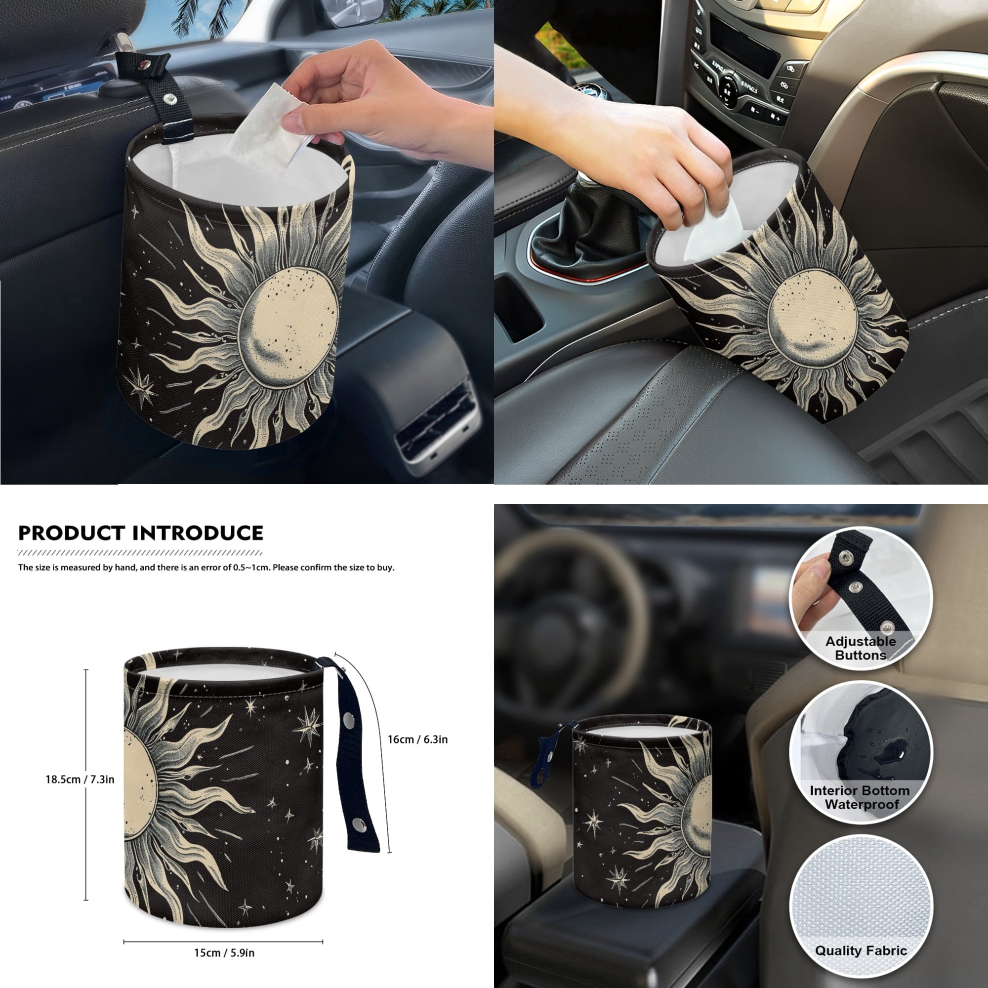 Yuyamidu Sun and Moon Car Seat Cover Full Set of 14 Steering Wheel Cover Auto Seatbelt Pads Cup Coaster Trash Can Rear View Mirror Cover Coasters Armrest Cover Gear Shift Knob Cover Set